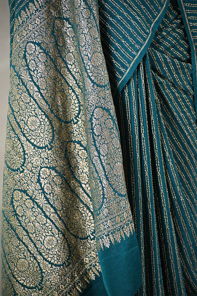 Bottle Green Handloom Crepe Khaddi Silk Saree with Antique Zari Stripes