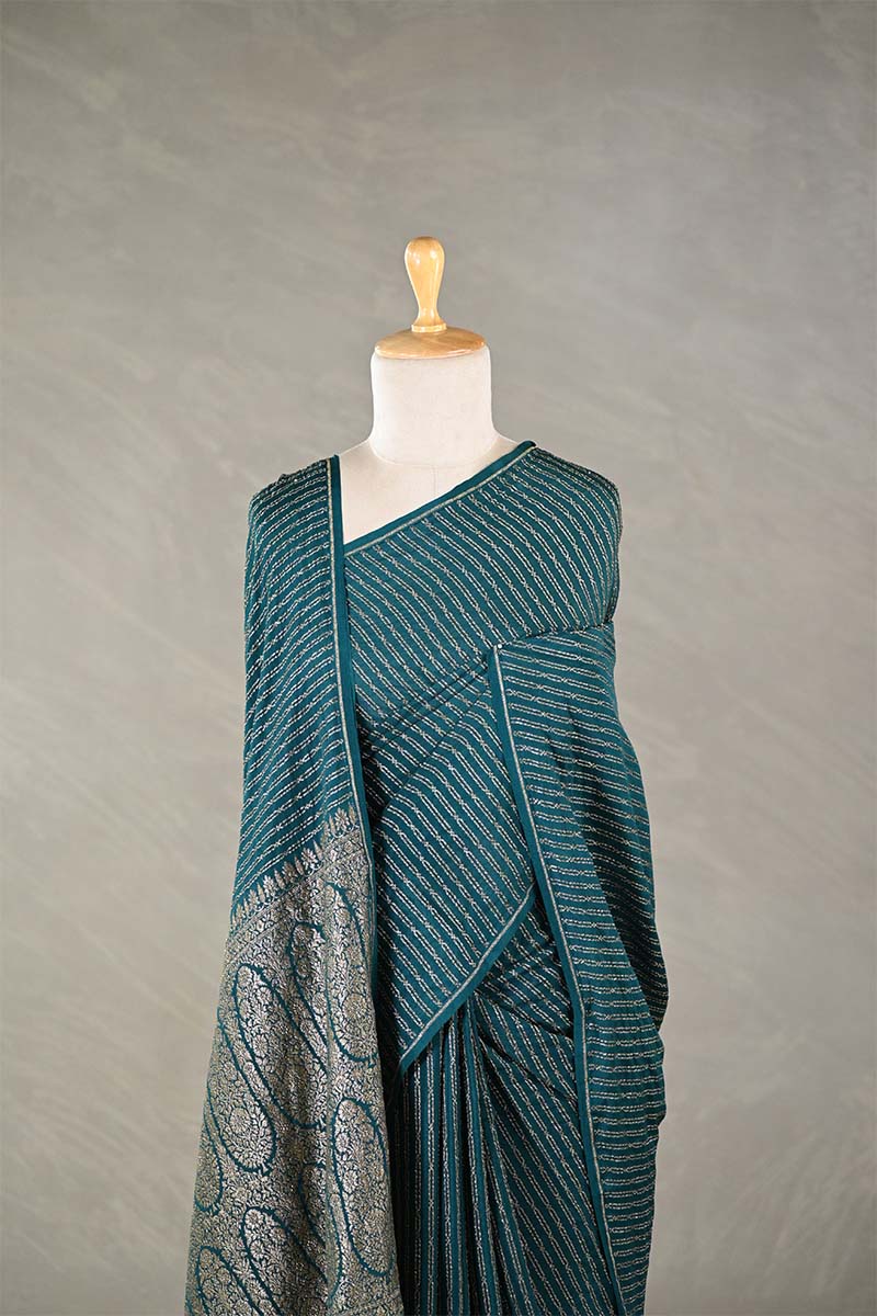 Bottle Green Handloom Crepe Khaddi Silk Saree with Antique Zari Stripes
