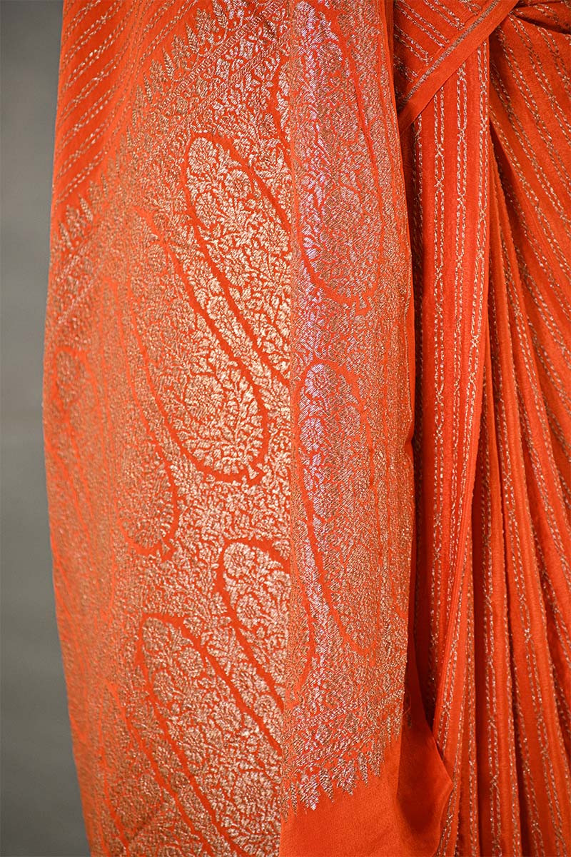 Orange Handloom Crepe Khaddi Silk Saree with Antique Zari Stripes