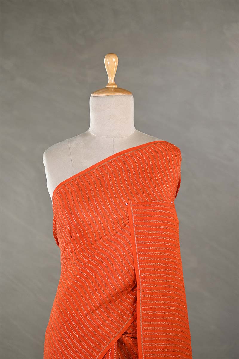 Orange Handloom Crepe Khaddi Silk Saree with Antique Zari Stripes
