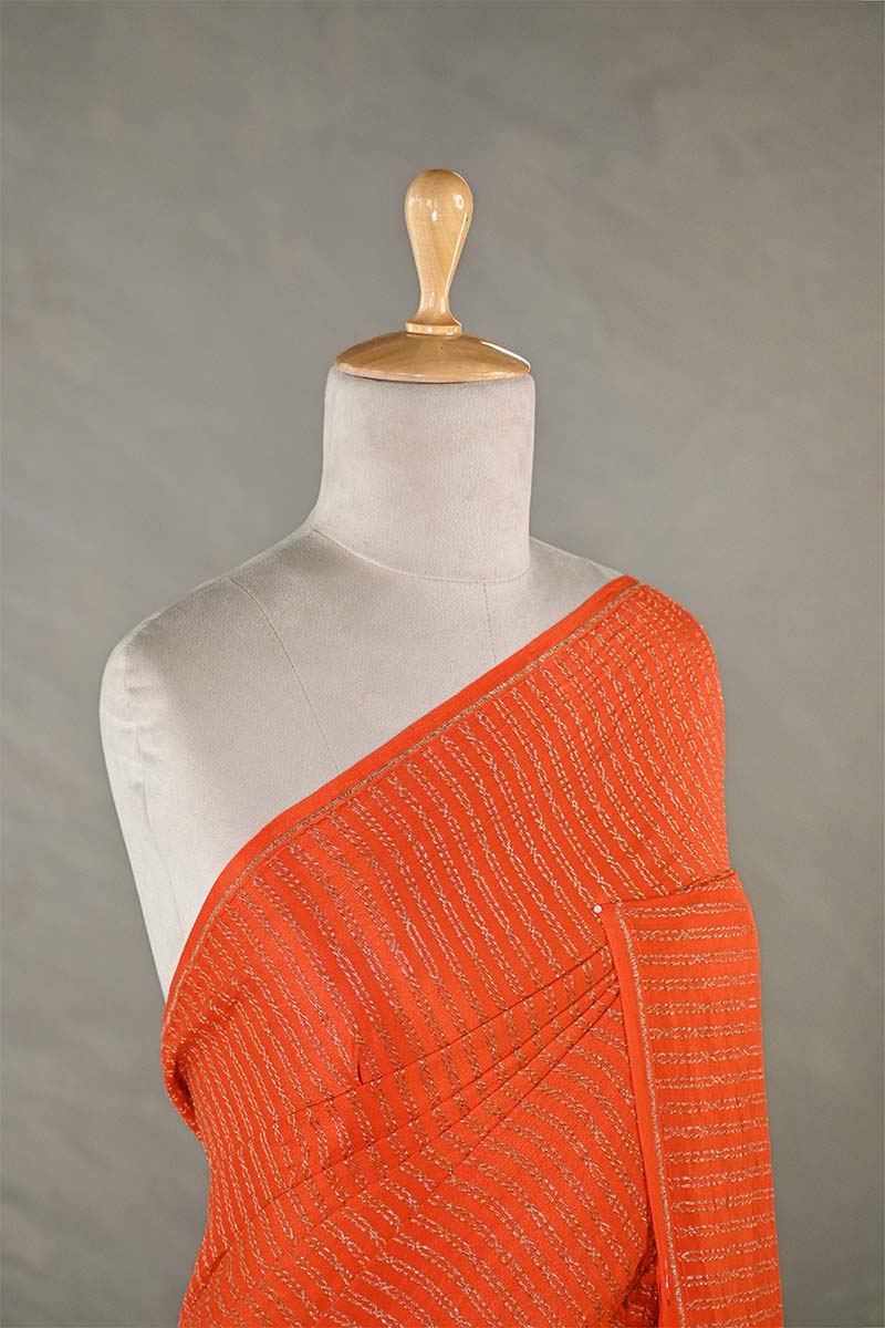 Orange Handloom Crepe Khaddi Silk Saree with Antique Zari Stripes