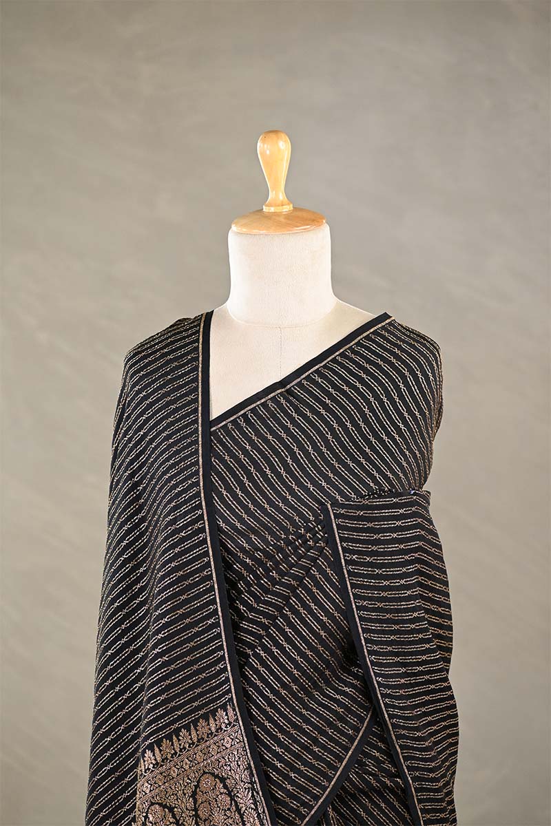 Black Handloom Crepe Khaddi Silk Saree with Antique Zari Stripes