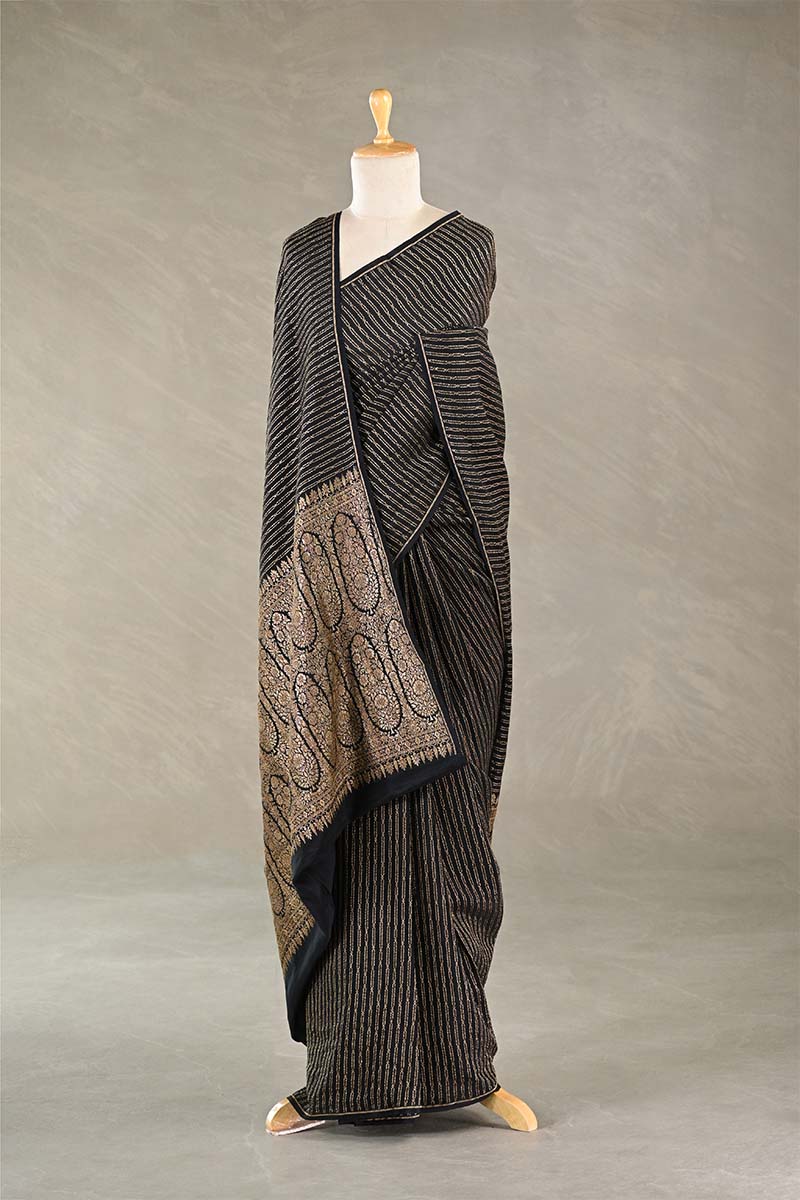 Black Handloom Crepe Khaddi Silk Saree with Antique Zari Stripes