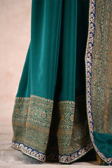 Bottle Green Crepe Silk Saree with Antique Zari Floral Border and Lace