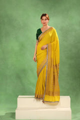 Bride wearing of Olive Yellow Crepe Silk Saree for Haldi Ceremony