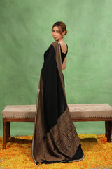 Black Crepe Silk Saree with Antique Zari Floral Border and Lace