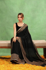 Black Crepe Silk Saree with Antique Zari Floral Border and Lace