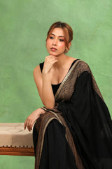 Black Crepe Silk Saree with Antique Zari Floral Border and Lace