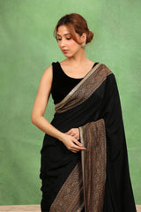 Black Crepe Silk Saree with Antique Zari Floral Border and Lace