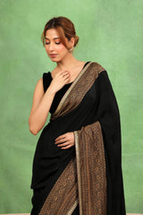 Black Crepe Silk Saree with Antique Zari Floral Border and Lace