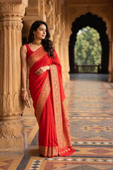 Red Banarasi Crepe Silk Saree with Antique Zari Border