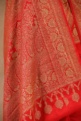 Red Banarasi Crepe Silk Saree with Antique Zari Border