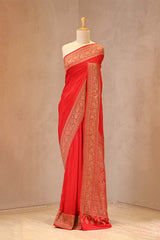 Red Banarasi Crepe Silk Saree with Antique Zari Border and Paisley Pallu