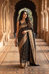 Black Crepe Banarasi Khaddi Silk Saree with Shikargah Floral Work
