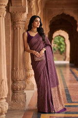 Wine Handloom Crepe Khaddi Silk Saree with Antique Zari Stripes