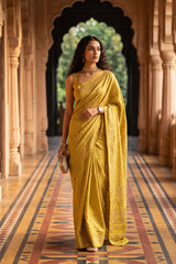 Chartreuse Green Crepe Banarasi Khaddi Saree with Grand Floral Pallu