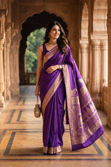 Purple Banarasi Crepe Silk Saree with Antique Zari Border