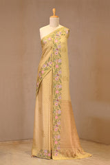 Yellow Crepe Silk Saree with Zari Buti & Resham Border