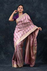Women in Lavender Grey Striped Handwoven Banarasi Silk Saree By Chinaya Banaras 