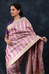 Lavender Grey Striped Handwoven Banarasi Silk Saree