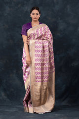 Lavender Grey Striped Handwoven Banarasi Silk Saree At Chinaya Banaras