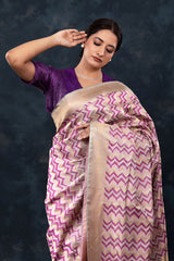 Lavender Grey Striped Handwoven Banarasi Silk Saree