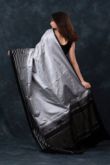 Grey & Black Striped Handwoven Satin Silk Saree