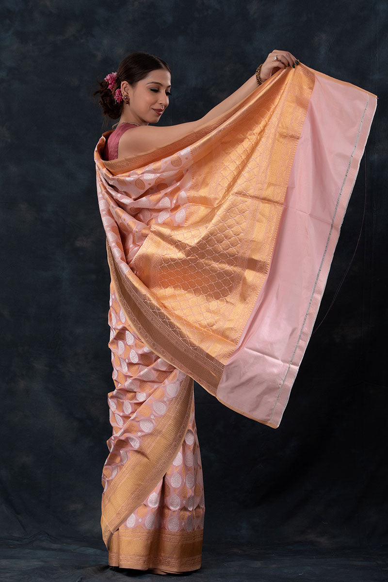 Peach Handwoven Banarasi Katan Silk Saree - Chinaya Banaras