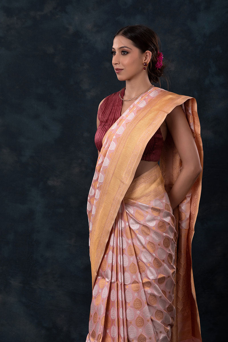 Peach Handwoven Banarasi Katan Silk Saree - Chinaya Banaras