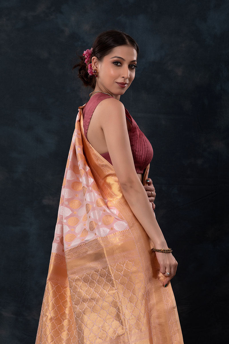 Peach Handwoven Banarasi Katan Silk Saree - Chinaya Banaras