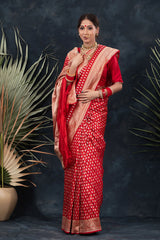 Women In Sindoori Red Handwoven Banarasi Silk Saree At Chinaya Banaras