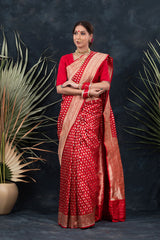 Women In Sindoori Red Handwoven Banarasi Silk Saree At Chinaya Banaras 