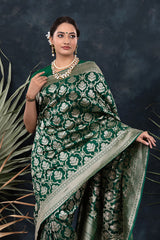Bottle Green Ethnic Handwoven Banarasi Silk  Saree