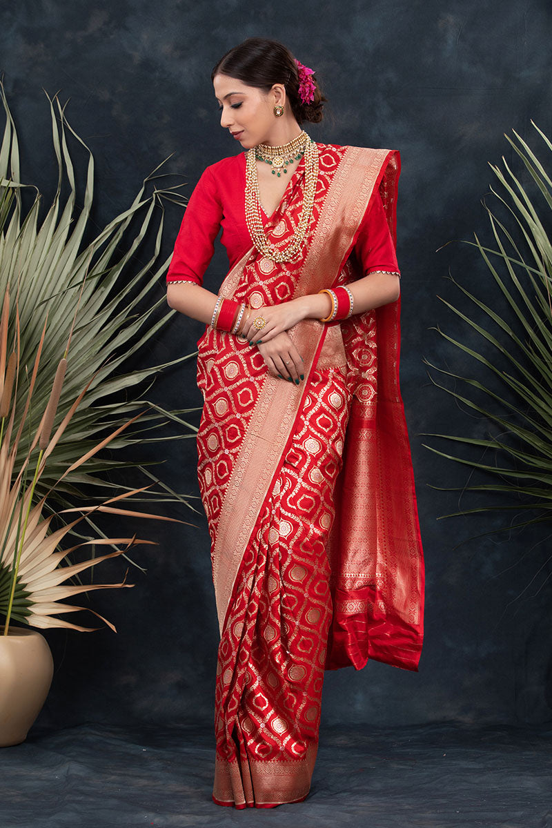 Women in Red Handwoven Banarasi Silk Saree At Chinaya Banaras 