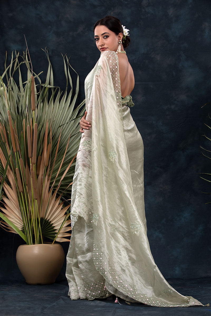 Spring Green Embellished Tissue Silk Saree