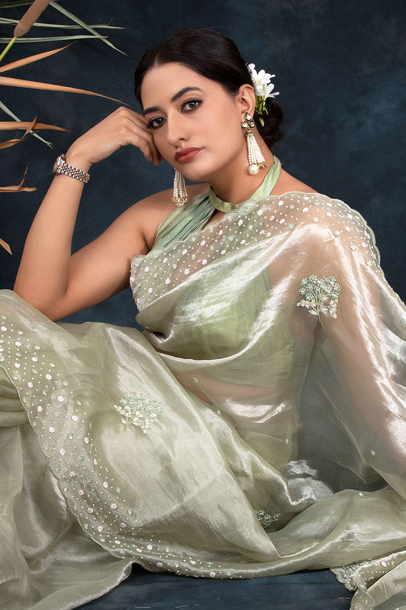 Spring Green Embellished Tissue Silk Saree
