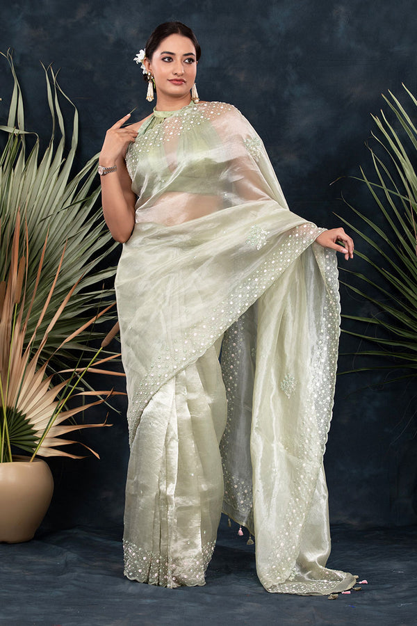 Women in Spring Green Embellished Tissue Silk Saree At Chinaya Banaras