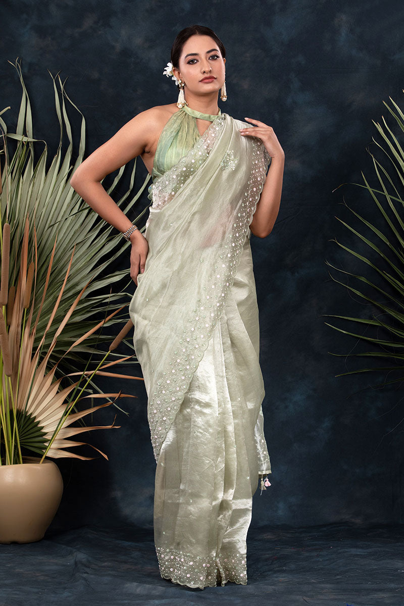 Spring Green Embellished Tissue Silk Saree