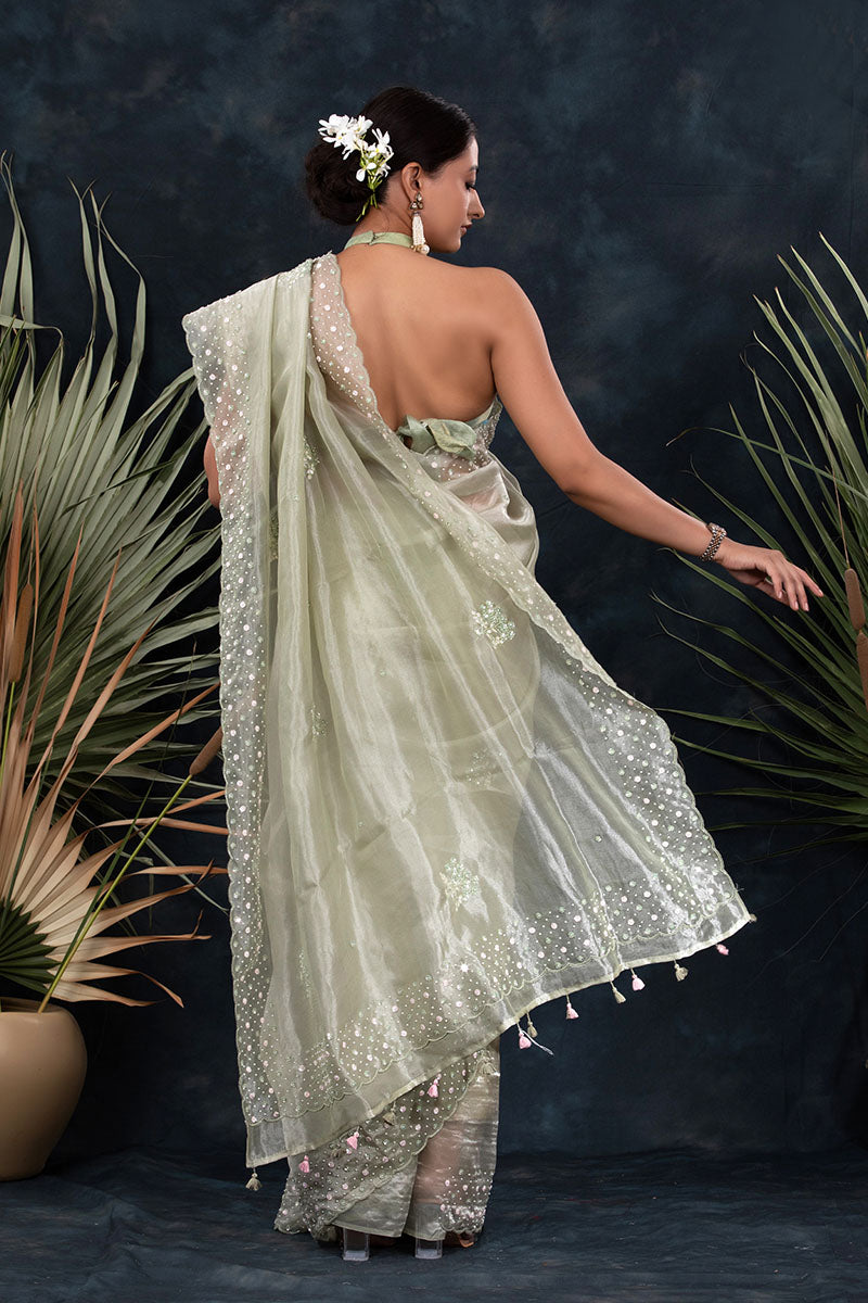 Spring Green Embellished Tissue Silk Saree