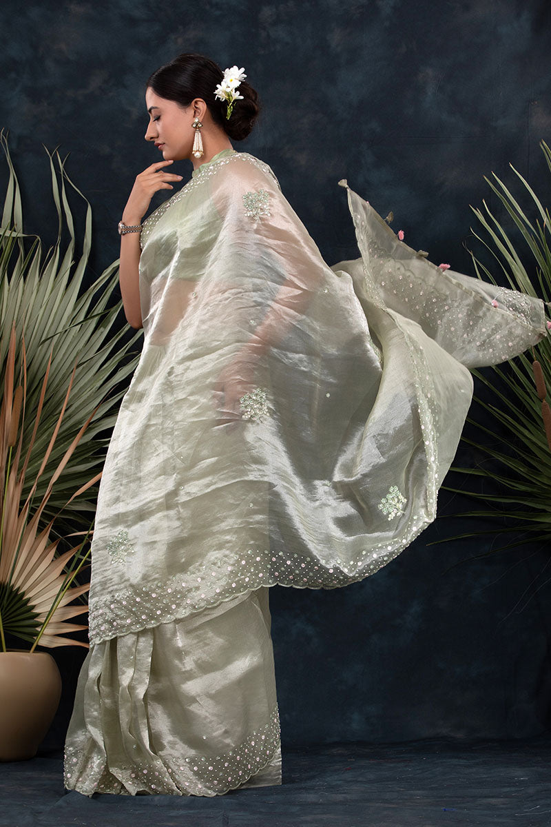 Spring Green Embellished Tissue Silk Saree