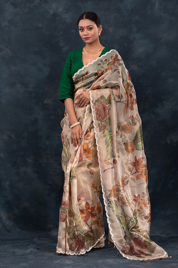 Women In Beige Floral Printed Embellished Tissue Silk Saree At Chinaya Banaras