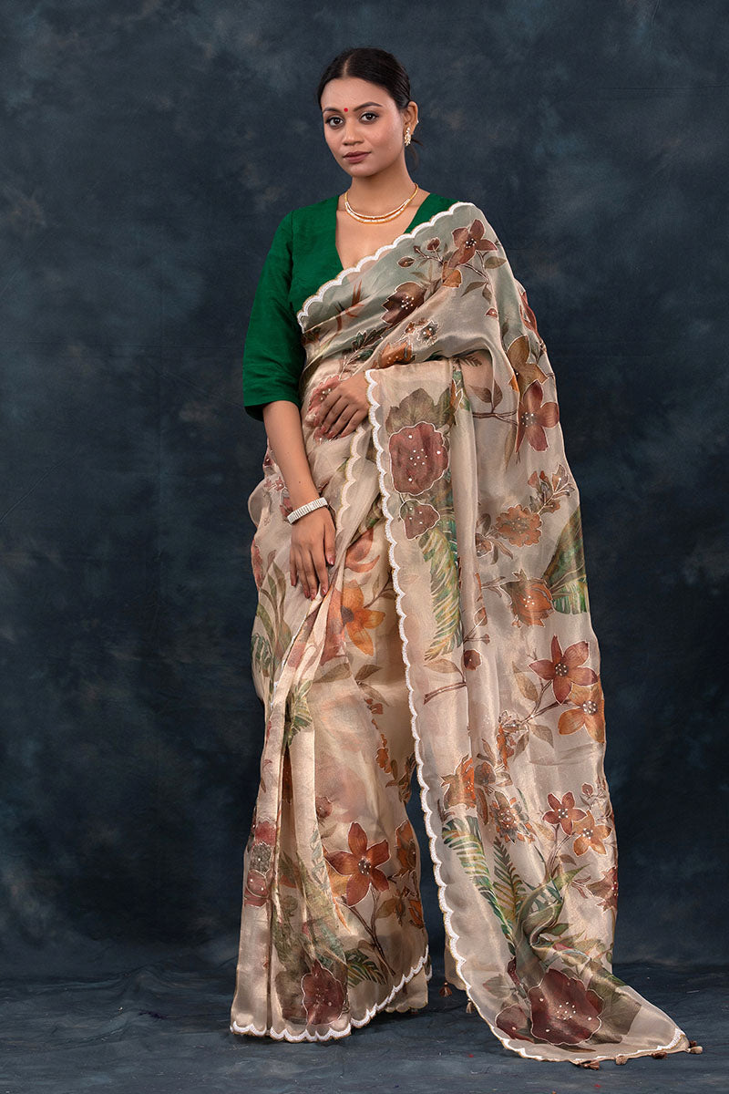 Women In Beige Floral Printed Embellished Tissue Silk Saree At Chinaya Banaras