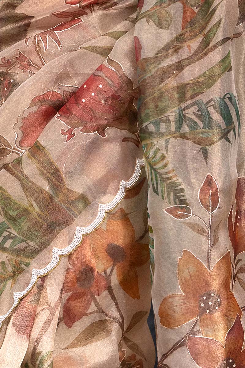 Beige Floral Printed Embellished Tissue Silk Saree