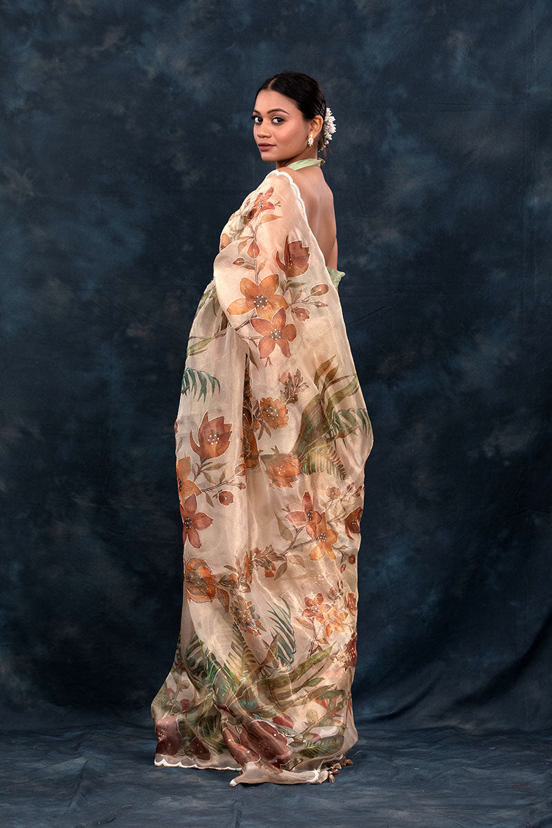 Beige Floral Printed Embellished Tissue Silk Saree