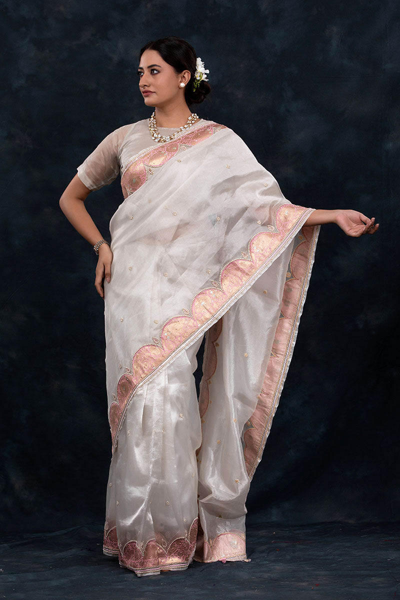 Silver Charm Embellished Tissue Silk Saree