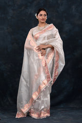 Women In Silver Embellished Tissue Silk Saree At Chinaya Banaras