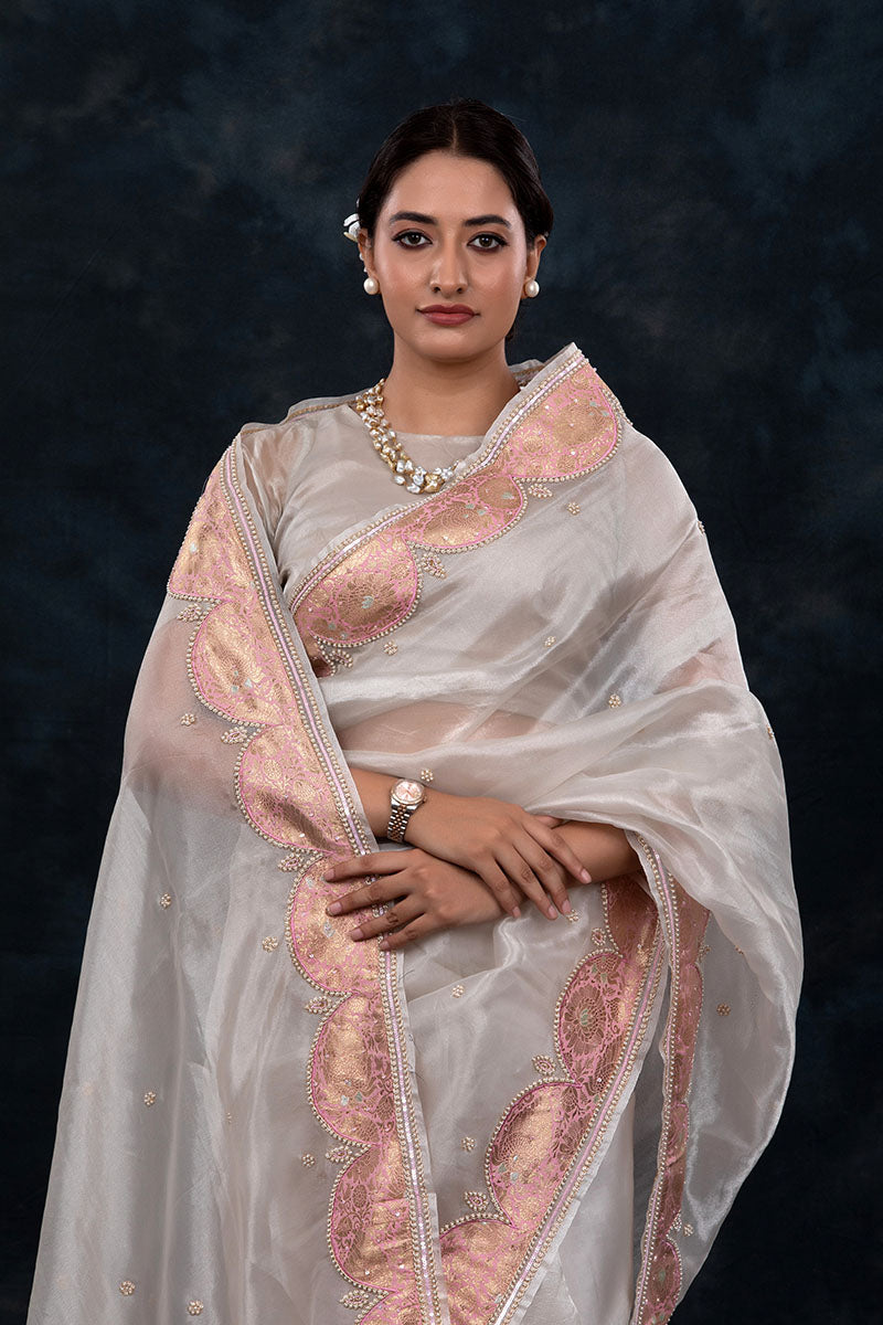 Silver Charm Embellished Tissue Silk Saree