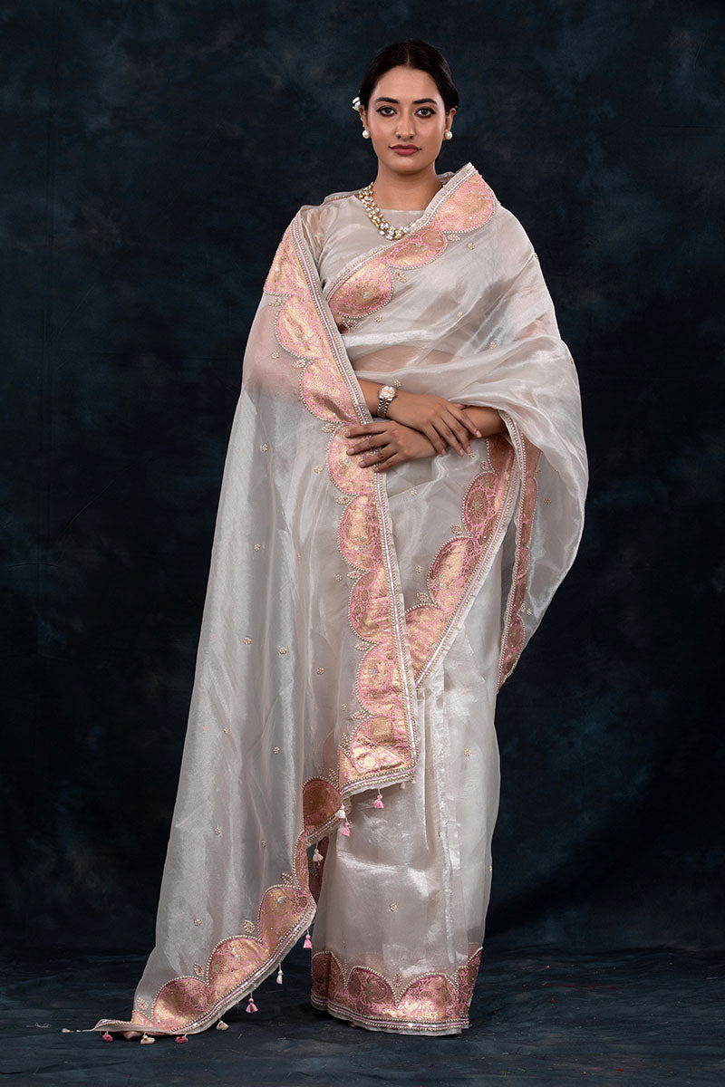 Silver Charm Embellished Tissue Silk Saree