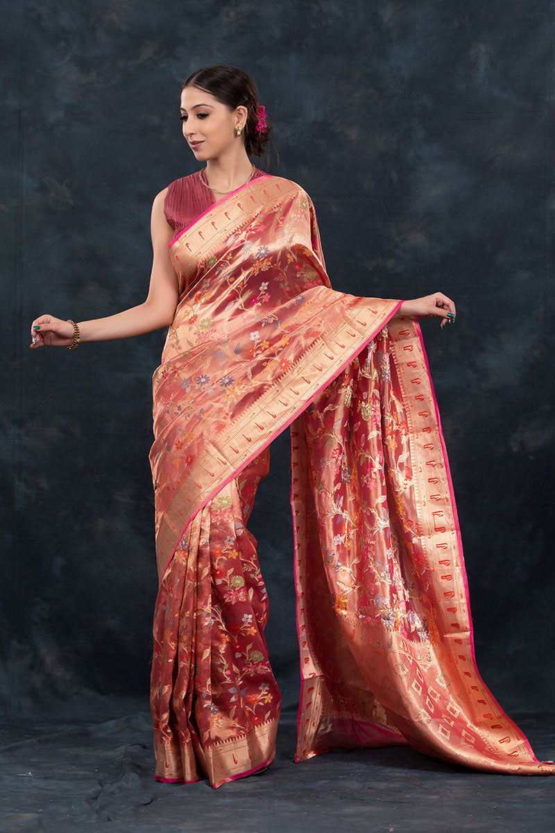 Rose Gold Floral Jaal Woven Tissue Silk Saree - Chinaya Banaras