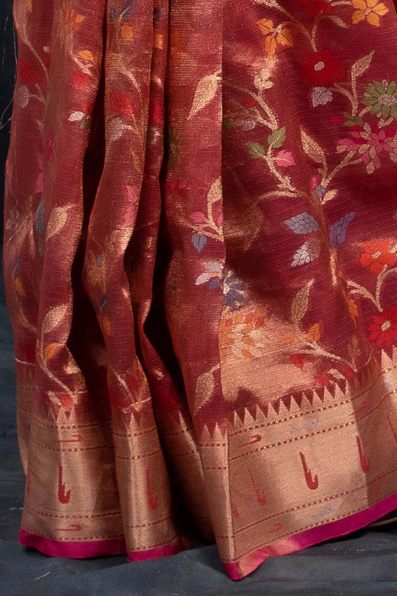 Rose Gold Floral Jaal Woven Tissue Silk Saree - Chinaya Banaras